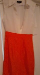 BEBE Sleeveless coral lace, white collared dress